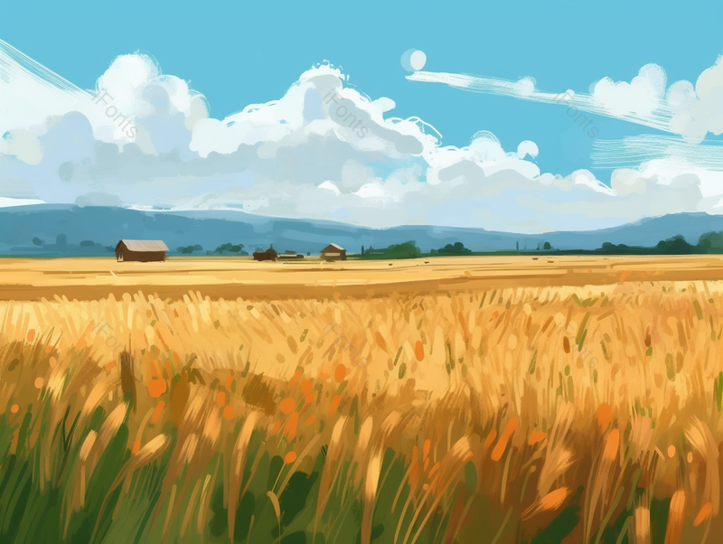 手绘夏季小满时节蓝天白云乡村田园里谷物小麦麦穗丰收的场景背景插画,插画/手绘图,插画/手绘图库,插画/手绘图下载,插画/手绘